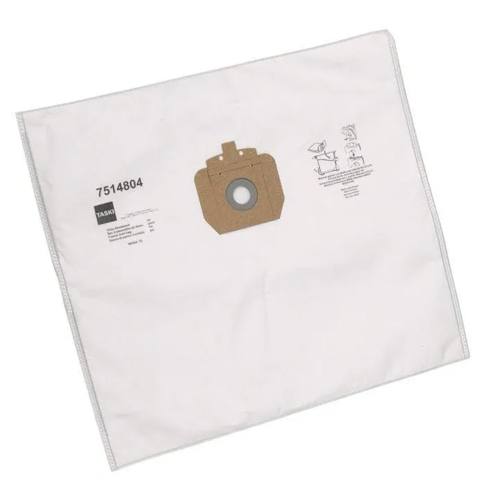 Der Diversey Vlies-Staubsack Vento 15 für TASKI Vento 15S (Karton, 10 Packungen) ist ein weißer, rechteckiger Staubsaugerbeutel mit braunem Kragen, runder Öffnung, aufgedruckten Details und gewährleistet effektiven Schutz vor Staub.