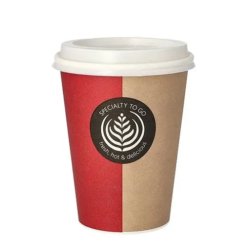Der Starpak 10 Trinkbecher To Go ist ein Einweg-Kaffeebecher aus Papier mit weißem Kunststoffdeckel, versehen mit einem rot-braunen Spaltdesign und einem schwarzen „SPECIALTY TO GO“-Etikett mit Becher- und Blattillustration.