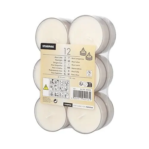 Eine transparente Kunststoffpackung mit 12 Starpak Maxi Teelichtern (Ø 55 mm, 20 mm, weiß) mit ca. 8 Stunden Brenndauer, jeweils in einem Polycarbonat-Halter. Das Etikett zeigt Marke, Produktdetails, Anwendungssymbole, Sicherheitshinweise und einen Barcode.