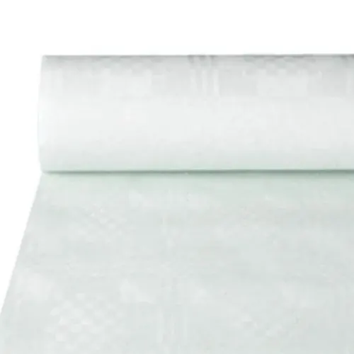 Eine Rolle PAPSTAR GmbH Papiertischtuch mit Damastprägung, weiß, 50 m lang (1 Rolle) wird auf einer Fläche teilweise abgerollt und zeigt ihr feines Schachbrettmuster.