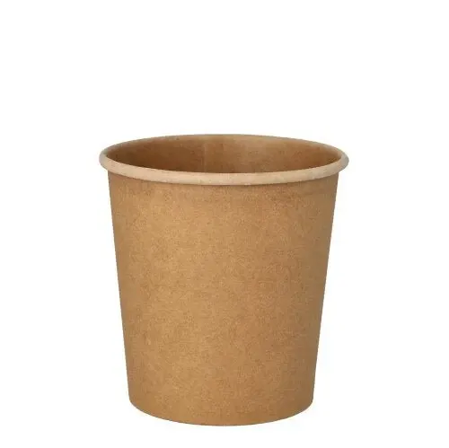 Ein schlichter, brauner PAPSTAR Suppenbecher rund (9,8 cm, 470 ml) der PAPSTAR GmbH steht aufrecht auf weißem Grund und unterstreicht sein schlichtes und umweltfreundliches Design. Das Set enthält 25 Stück - ideal für Suppen und den praktischen Gebrauch.