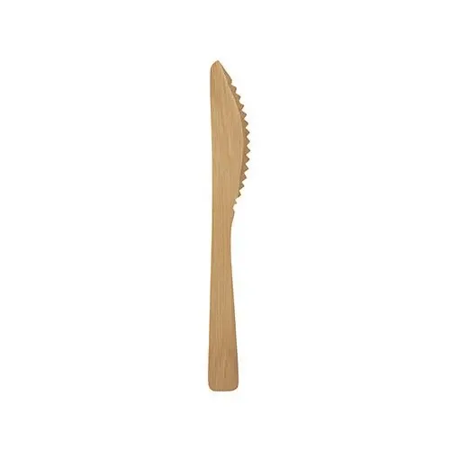 Ein einzelnes PAPSTAR Messer aus Bambus "pure", 17 cm, umweltfreundlich und stabil, von PAPSTAR GmbH, ist mit geradem Griff und Wellenschliff auf weißem Hintergrund zu sehen.