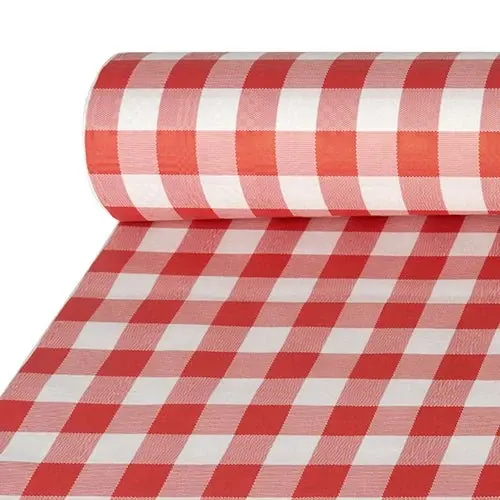 Eine Rolle PAPSTAR GmbH Papiertischtuch rot mit Damastprägung, Vichy Karo Design (1 Rolle), teilabgerollt, ist ideal, um klassischen rot-weißen Charme auf jeden gedeckten Tisch zu bringen.