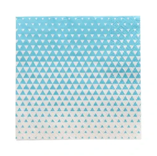 Ein 20er Pack 3-lagige Servietten (25 cm x 25 cm, 1/4-Falz) der PAPSTAR GmbH mit blau-weißem kleinen Dreiecksverlauf – oben dichter, unten dünner.
