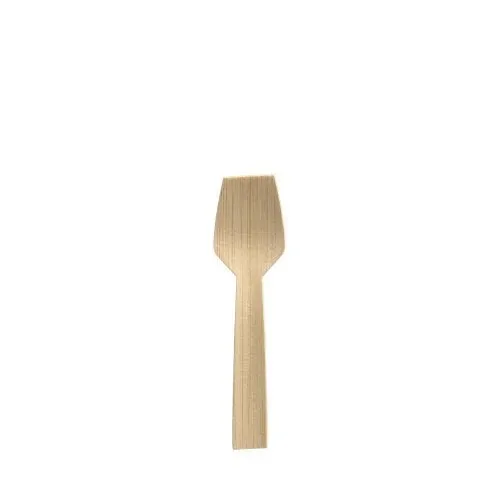 Ein einzelner PAPSTAR Eislöffel aus Bambus "pure", 9,2 cm, mit einem flachen rechteckigen Design steht senkrecht auf einem schlichten weißen Hintergrund. Dieses umweltfreundliche Utensil der PAPSTAR GmbH ist ideal für die nachhaltige Küche.