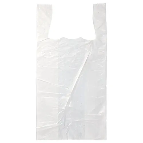 Eine Starpak 200 Hemdchen-Tragetasche aus weißem HDPE der Marke Starpak mit zwei Henkeln liegt flach und transparent auf weißem Hintergrund.