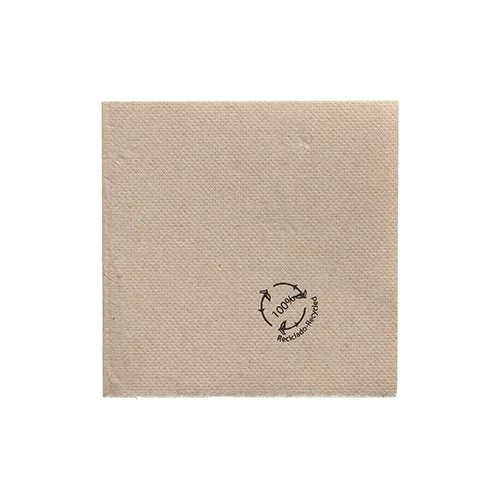 Die PAPSTAR Servietten 1/4-Falz, 20x20 cm natur aus recyceltem Papier (100 Stück) von PAPSTAR GmbH ist eine braune, recycelte Serviette mit schwarzem "100% Recycled"-Stempel und Recycling-Symbol auf weißem Hintergrund.