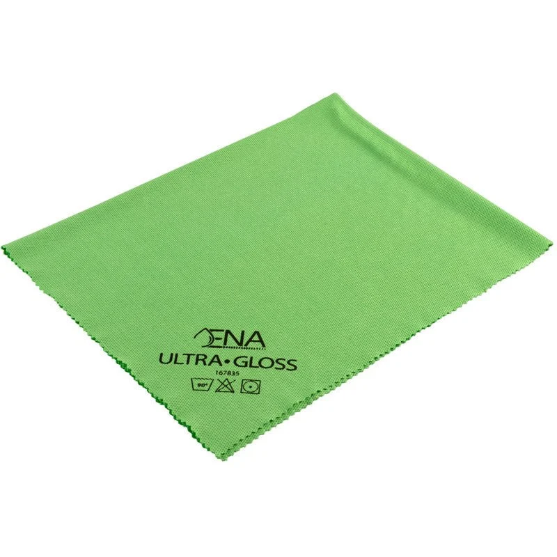 Das ENA Ultra Gloss Fenstertuch von Abena Re-Seller GmbH, Grün 40x40 cm, Packung (5 Stück), verfügt über geriffelte Kanten und aufgedruckte Pflegesymbole - perfekt für die Fensterreinigung und streifenfreie Fenster.