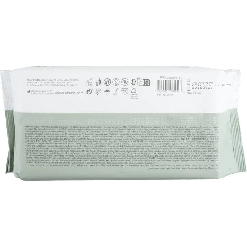 Eine rechteckige weiße Abena Re-Seller GmbH Feuchtpflegetücher Packung (80 Stück, mit Deckel, 20x27 cm) ist von hinten abgebildet und zeigt einen Barcode, Produktinformationen in mehreren Sprachen, Symbole und abena.com.