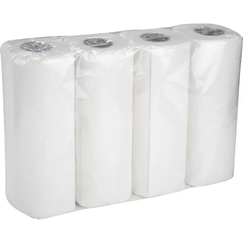 Ein Karton der Abena Re-Seller GmbH enthält 8 Packungen Küchenrolle mit je vier 2-lagigen weißen Rollen (26 cm x 14 m), saugfähig und in Klarsichtfolie verpackt.