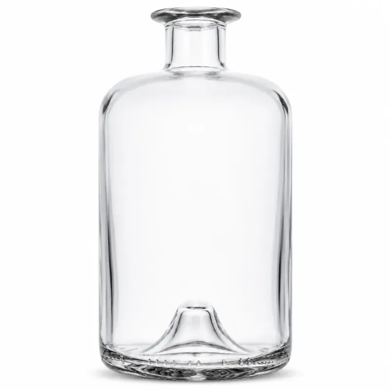 Freigestellte, klare Apothekerflasche mit breitem zylindrischem Körper, abgerundeten Schultern, Tellerrandmündung und ausgeprägter Bodenwölbung auf weißem Hintergrund.