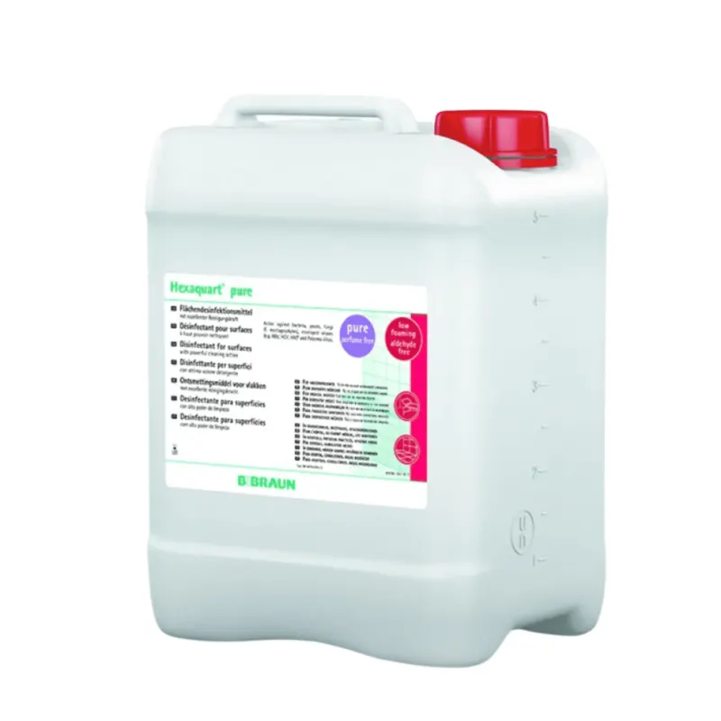 Der weiße Kunststoffbehälter mit der Aufschrift „B. Braun Hexaquart® pure Flächendesinfektion – 5 Liter“ verfügt über einen roten Schraubverschluss und bietet aldehydfreies Flächendesinfektionsmittel zur schnellen Desinfektion, garantiert Qualität und Wirksamkeit von B. Braun Deutschland GmbH & Co. KG.
