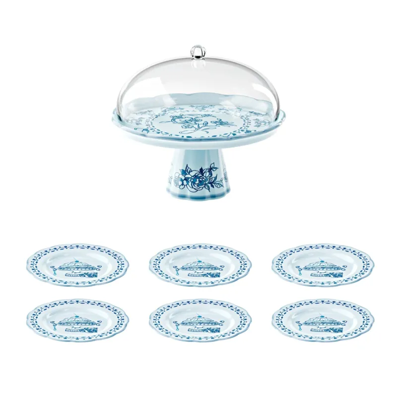 CAKE STAND WITH DOME AND 6 COORDINATED DESSERT PLATES "JOSEPHINE"