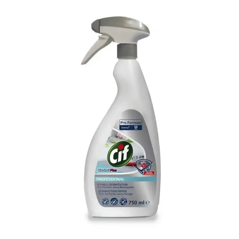Eine weiße 750-ml-Flasche Cif Alcohol Plus Professional, Schnelldesinfektionsmittel ohne Nachspülung von Diversey Deutschland GmbH & Co. OHG, verfügt über eine graue Sprühdüse. Das Etikett zeigt die ethanolbasierte Formel zur Flächendesinfektion zusammen mit dem Logo und den Gebrauchsanweisungen. Die Flasche ist zur Flächendesinfektion geeignet und steht aufrecht vor einem schlichten weißen Hintergrund.