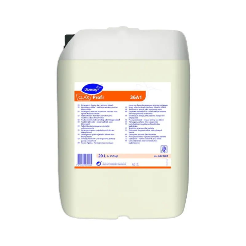 Der weiße Kunststoffbehälter trägt das Label „Clax Profi 36A1“ der Diversey Deutschland GmbH & Co. OHG in blau-orangem Design. Dieses Alleinwaschmittel für Weichwasser verfügt über ausführliche Produktinformationen in mehreren Sprachen und enthält 20 Liter Flüssigkeit, ideal für leicht bis mittel verschmutzte Textilien.