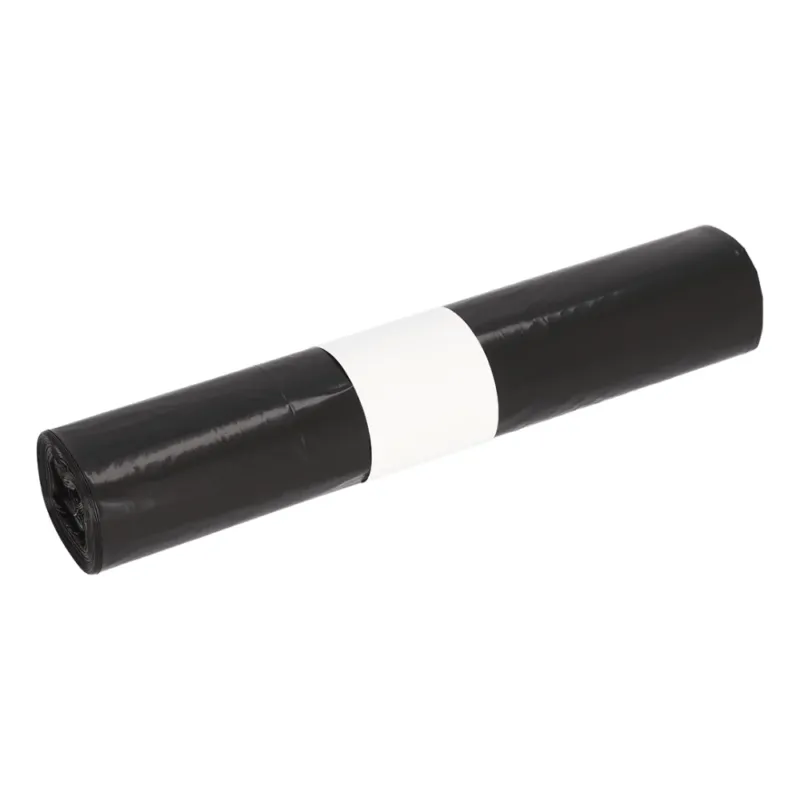 Ein aufgerollter DEISS LDPE - Müllbeutel 35 Liter schwarz von EMIL DEISS KG (GmbH + Co.) aus reißfestem LDPE verfügt über ein um die Mitte gewickeltes weißes Etikett auf einem makellos weißen Hintergrund.