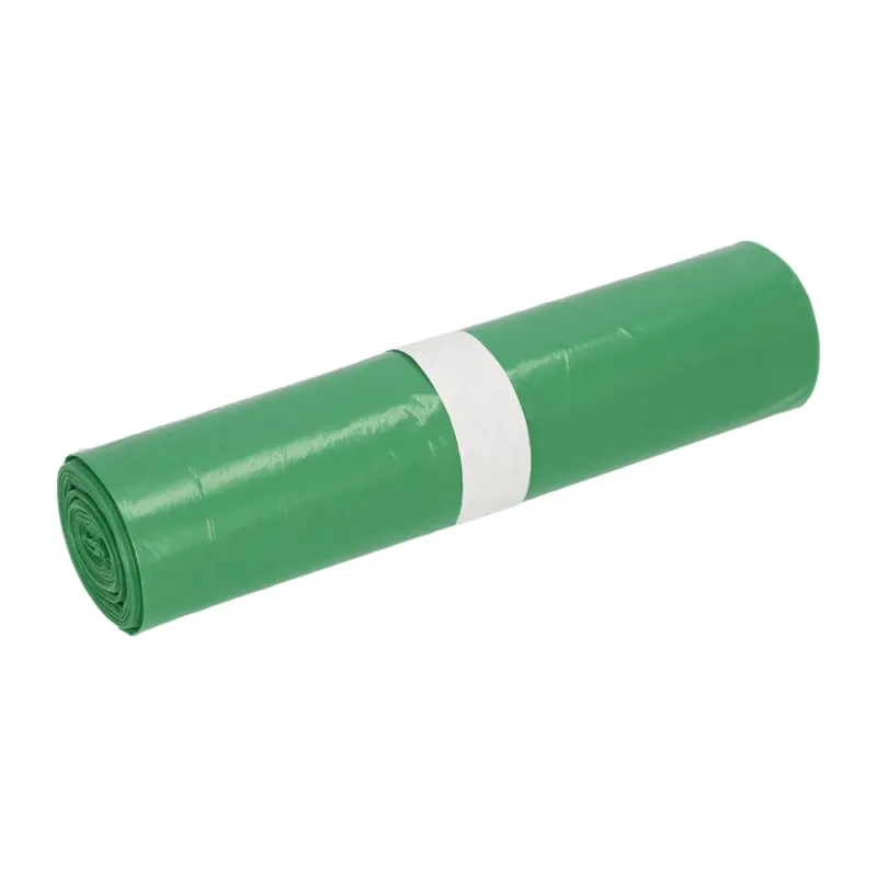Ein aufgerollter Müllsäcke der Marke EMIL DEISS KG (GmbH + Co.), bekannt als DEISS Müllsäcke aus LDPE, 22711, in der Farbe grün mit einem Fassungsvermögen von 70 Litern, ist mit einer weißen Banderole aus Papier gesichert und vor einem schlichten weißen Hintergrund präsentiert.