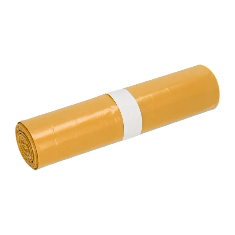 Eine Rolle EMIL DEISS KG (GmbH + Co.) DEISS Müllsäcke Typ 60, 575x1000 mm, 70 l, aus Recycling-LDPE, mit einem weißen Papierband in der Mitte, auf weißem Grund.