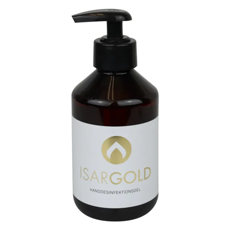 Abgebildet ist eine bernsteinfarbene 250-ml-Pumpflasche von Dr. Schnell ISARGOLD Händedesinfektionsgel, alkoholisch, mit Rückfetter (von DR.SCHNELL GmbH & Co. KGaA) mit einem gold-weißen Logo auf dem Etikett vor weißem Hintergrund.