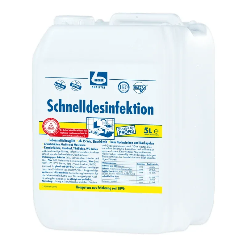 Ein 5-Liter-Kanister mit Desinfektionslösung Dr. Becher Schnelldesinfektionsmittel mit mehreren Etiketten und Anweisungen in deutscher Sprache, die auf die Verwendung für medizinische und allgemeine Desinfektionszwecke hinweisen.