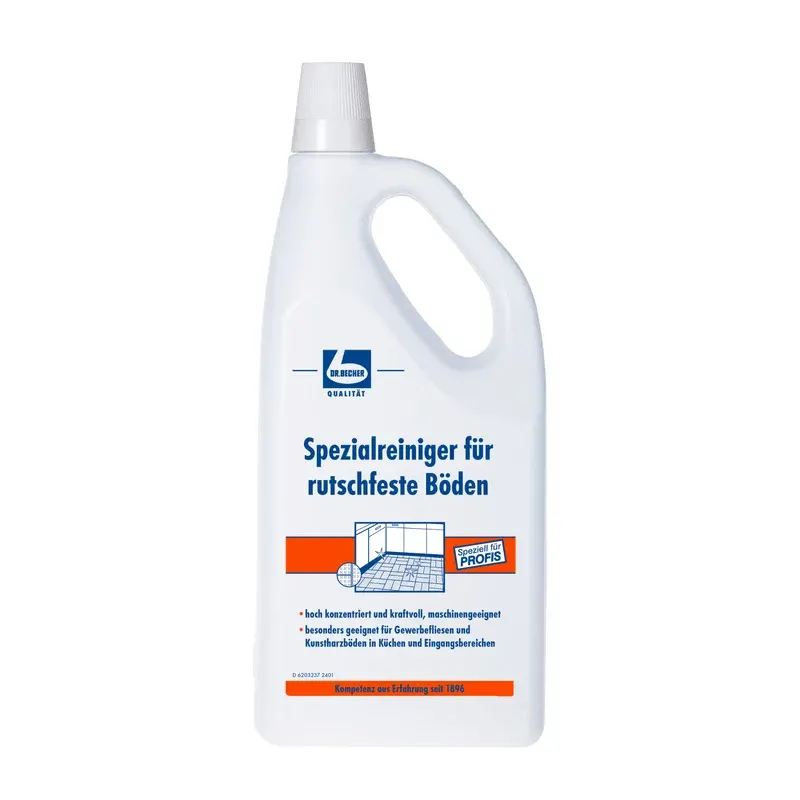 Eine weiße 2-ml-Kunststoffflasche mit Henkel und blauer Kappe mit der Aufschrift "Dr. Becher Spezialreiniger für rutschfeste Böden" der Dr. Becher GmbH zur Reinigung von rutschfesten keramischen Fliesenböden zeigt Text und die Abbildung eines gereinigten Fliesenbodens.