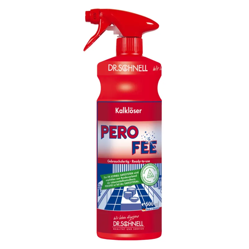 Eine rote Sprühflasche mit der Aufschrift „Dr. Schnell PeroFee Kalklöser, gebrauchsfertig“ von DR.SCHNELL GmbH & Co. KGaA, ideal für den Küchenbereich, verfügt über Symbole, die darauf hinweisen, dass das Mittel gebrauchsfertig und für säurebeständige Oberflächen wie Spülbecken und Fliesen geeignet ist. Die Flasche verfügt über eine rote Düse zum einfachen Sprühen.