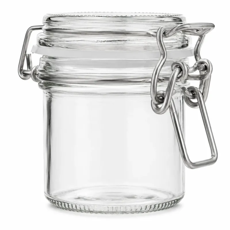 Kleines zylindrisches Drahtbügelglas aus Klarglas mit Glasdeckel, weißem Gummiring und Metallverschluss in Frontansicht