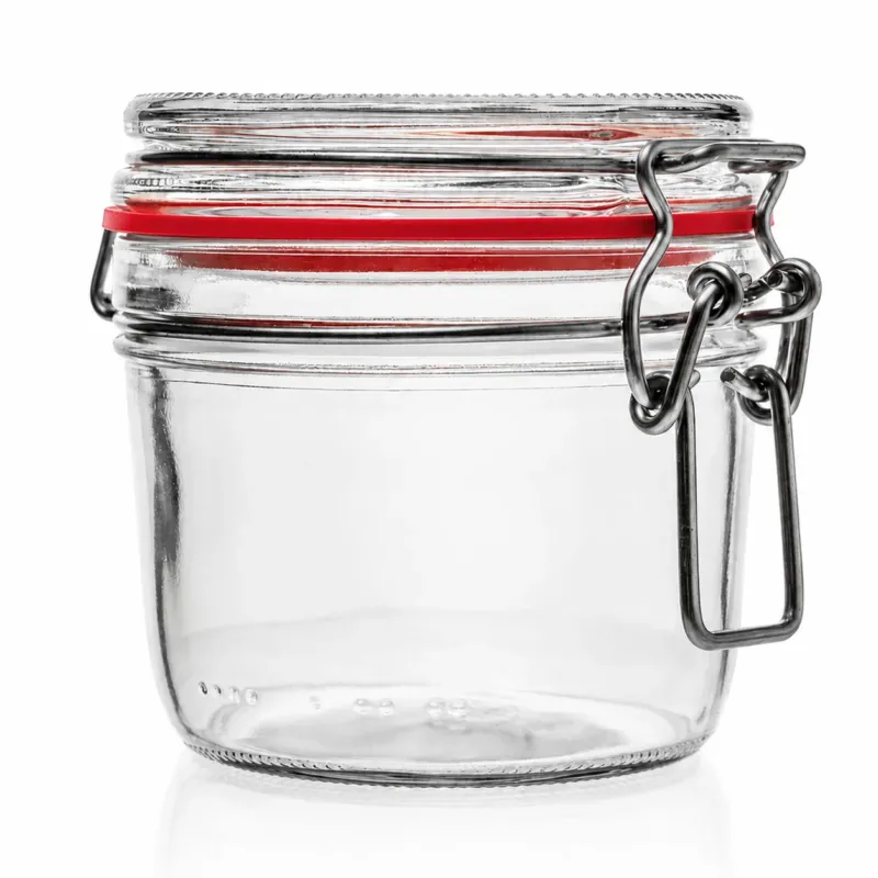 Rundes Drahtbügelglas aus Klarglas mit Glasdeckel, rotem Gummiring und Metallverschluss in Frontansicht