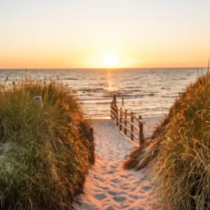 Duschrückwand-Dünen am Strand an der Nordsee bei Sonnenuntergang