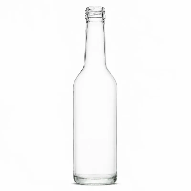 Freigestellte, klare 350-ml-Gradhalsflasche mit schlankem zylindrischem Körper, langem Hals, Schraubmündung und massivem Glasboden auf weißem Hintergrund