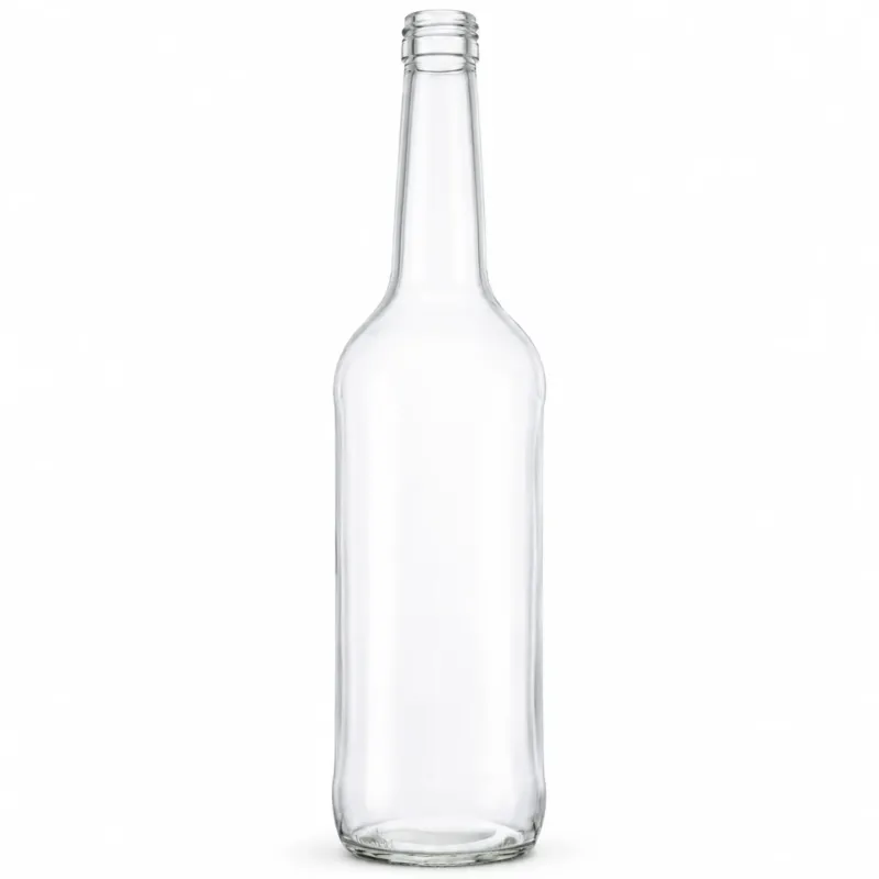 Klare, schlanke Glasflasche mit langem Hals, abgerundeter Schulter und Schraubmündung auf weißem Hintergrund.