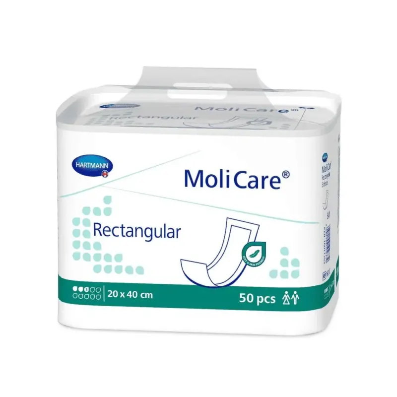 Die MoliCare®-Verpackung der Paul Hartmann AG präsentiert die rechteckigen Inkontinenzeinlagen mit dem Hartmann-Logo. Die Packung enthält 50 Stück im Format 20 x 40 cm und ist mit einer Bindenillustration in Blau- und Grüntönen verziert.