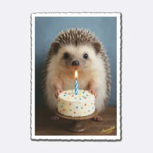Postkarte mit Igel, Torte mit bunten Streuseln und blauer Kerze, Schriftzug "Impossible Cards"