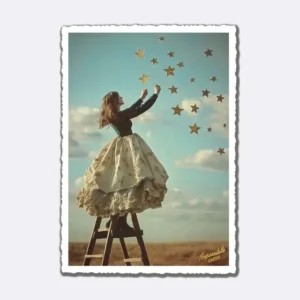Postkarte mit Frau im Kleid auf Leiter, die Sterne am Himmel erreicht, mit Schriftzug "Impossible Cards"