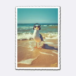 Postkarte mit einer Möwe mit Kopfhörern am Strand bei Sonnenlicht und Schriftzug "Impossible Cards"