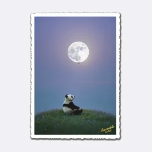 Postkarte mit Panda auf Blumenwiese und Mond-Ballon mit Schriftzug "Impossible Cards"