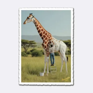 Postkarte mit Giraffenmalerei in Graslandschaft und Schriftzug "Impossible Cards"