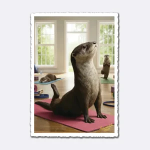 Postkarte mit Ottern auf Yogamatten in einem Raum mit Schriftzug "Impossible Cards"