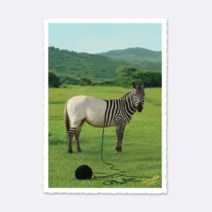 Postkarte Zebra mit Wollknäuel auf grüner Wiese und Schriftzug "impossible cards"