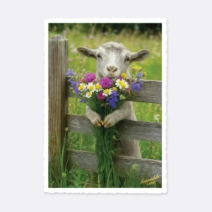 Postkarte mit einem Lamm, das bunte Blumen hält, Schriftzug "Impossible Cards"