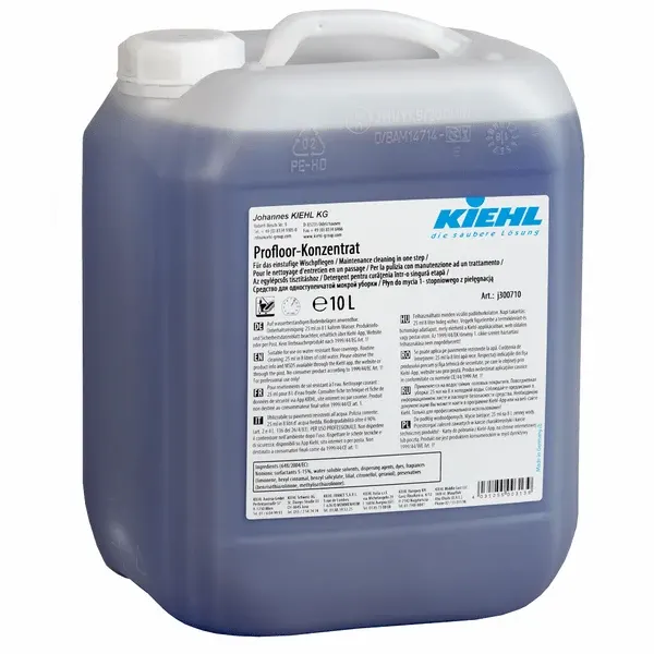 Ein 10-Liter-Behälter aus durchsichtigem Kunststoff mit weißem Deckel und Griff, gefüllt mit blauer Flüssigkeit. Auf dem Etikett ist die Produktbezeichnung "Kiehl Profloor-Konzentrat Für das einstufige Wischlegen" der Johannes Kiehl KG angegeben, mit Gebrauchsanweisung und Sicherheitshinweisen.