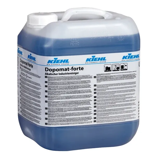 Großer Kunststoffbehälter des Kiehl Dopomat-forte Alkalischer Industriereiniger der Johannes Kiehl KG mit weißer Kappe und Griff, mit mehrsprachigen Produktangaben und Hinweisen auf dem Etikett.