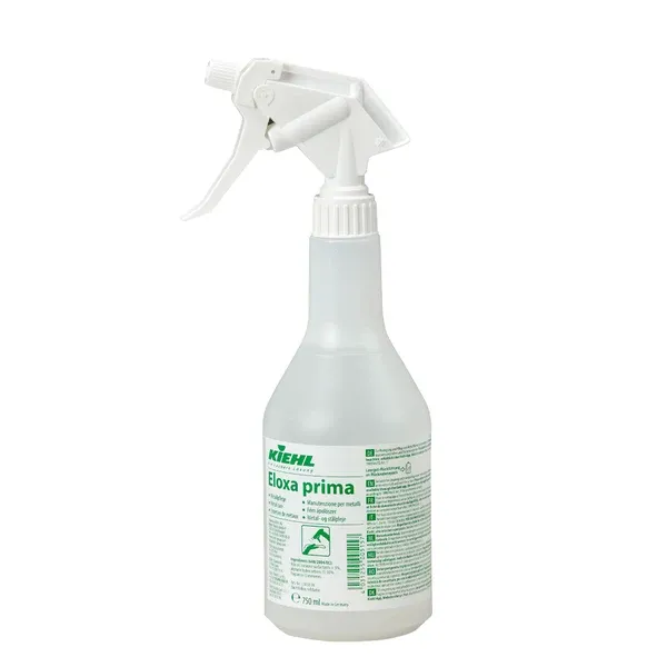 Transparente Kunststoff-Sprühflasche "Kiehl Eloxa prima Metallpflege 750 ml" der Johannes Kiehl KG mit weißer Sprühdüse und grüner Aufschrift zur Reinigung und Pflege von Metalloberflächen; auch als Karton mit 6 Flaschen erhältlich.
