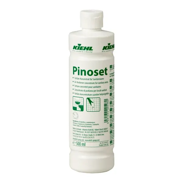 Johannes Kiehl KG Kiehl Pinoset Parfüm-Konzentrat für Sanitärräume in der weißen 500-ml-Flasche mit grünem Etikett - ideal für Sanitärräume und zur effektiven Geruchsneutralisation. Erhältlich in einem Karton mit 12 Flaschen.