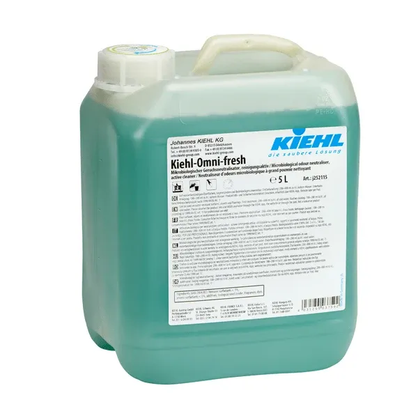 Der Kiehl Omni-fresh Mikrobiologischer Geruchsneutralisator, reinigungsaktiv der Johannes Kiehl KG, mit Griff und Schraubverschluss, enthält einen 5-Liter-Behälter aus transluzentem Kunststoff mit grünem Flüssigreiniger zur effektiven Geruchsneutralisation.