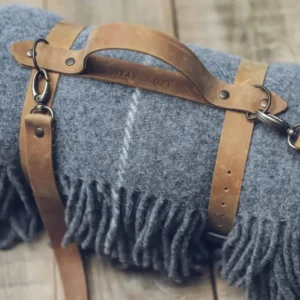 Leather Handle Strapped Gray Wool Throw Blanket with White Stripe Epic Linen