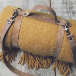 Leather Handle Straped Mustard Wool Throw Blanket Epic Linen
