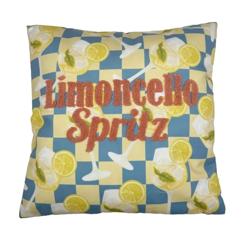 Dekokissen mit Gelb türkisem kariertem hintergrund auf dem Gläser mit Lemon Cocktails abgebildet sind mit der Schrift "Limoncello Spritz" in orange