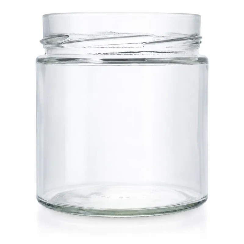 Klares Konservenglas mit 410 ml Volumen, breiter TO-82-Deep-Mündung und gerader zylindrischer Form, freigestellt auf weißem Hintergrund.