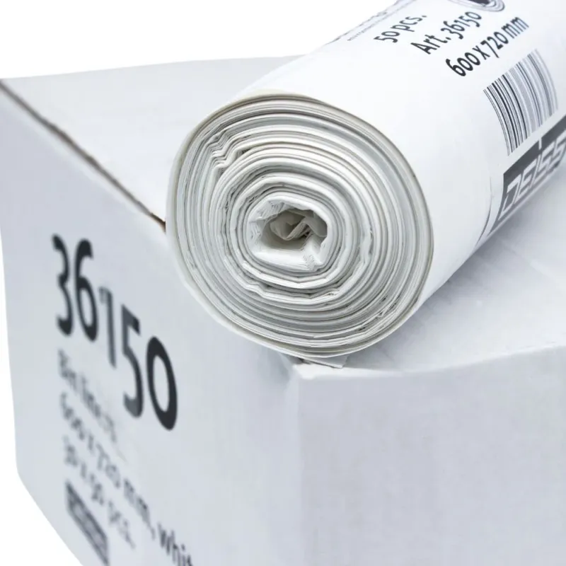 Eine Rolle DEISS LDPE Müllbeutel 60 Liter, hergestellt von EMIL DEISS KG (GmbH + Co.) für lange Haltbarkeit, wird auf einen weißen Karton gelegt. Die Rolle ist fest aufgewickelt und auf dem Karton ist „36150“ zusammen mit einem Strichcode und weiteren aufgedruckten Angaben zu sehen, die auf das Fassungsvermögen von 60 Litern hinweisen.